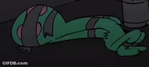 A Cartoon Character Is Tied Up And Laying On The Floor . GIF