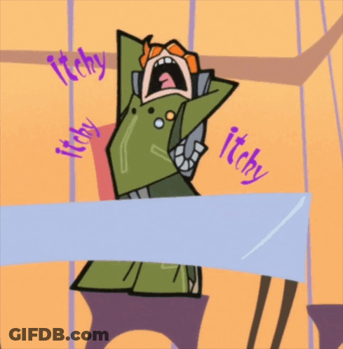 A Cartoon Character Is Tied Up With A Blue Tape And The Word Itchy Is Surrounding Him GIF