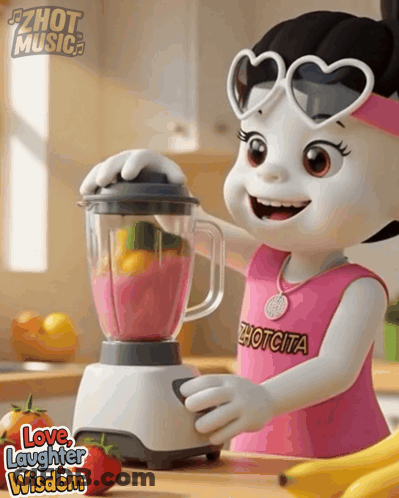 A Cartoon Character Is Using A Blender With The Words Love Laughter Wisdom Written Below It GIF
