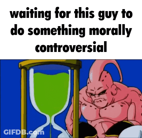 A Cartoon Character Is Waiting For Someone To Do Something Morally Controversial In Front Of An Hourglass GIF