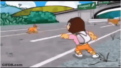 A Cartoon Character Is Walking Down A Highway With A Dog . GIF