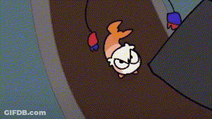 A Cartoon Character Is Walking Down A Road With A Balloon In Its Mouth . GIF