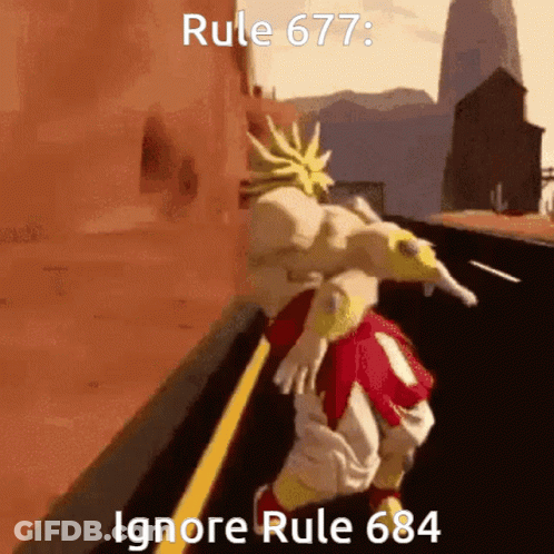 A Cartoon Character Is Walking Down A Road With The Words Rule 677 Ignore Rule 684 Below Him GIF