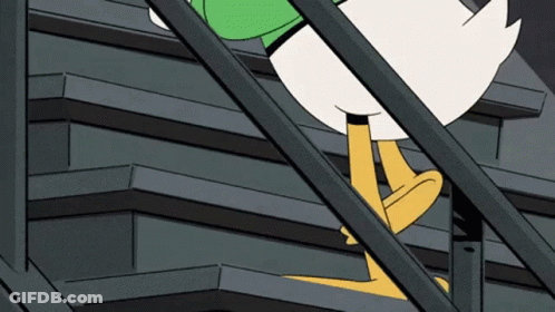 A Cartoon Character Is Walking Down A Set Of Stairs GIF