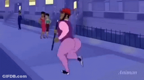 A Cartoon Character Is Walking Down A Street With A Cane While Two Women Look On . GIF