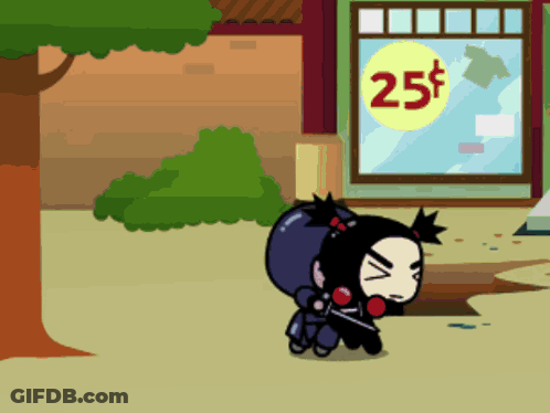 A Cartoon Character Is Walking In Front Of A Store With A 25 Cents Sign GIF