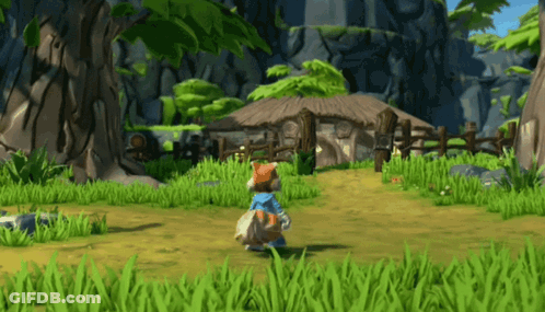 A Cartoon Character Is Walking Through A Grassy Field In A Video Game GIF