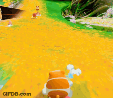 A Cartoon Character Is Walking Through A Grassy Field GIF