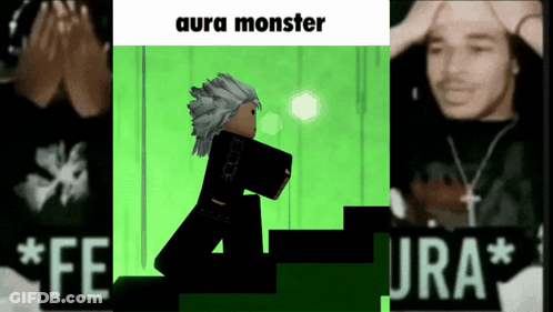 A Cartoon Character Is Walking Up A Set Of Stairs With Aura Monster Written On The Top GIF