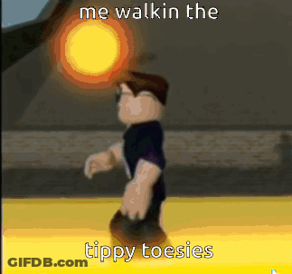 A Cartoon Character Is Walking With The Words Me Walkin The Tippy Toesies GIF