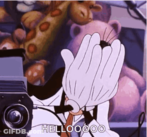 A Cartoon Character Is Waving His Hand In Front Of A Camera While Saying Hello . GIF