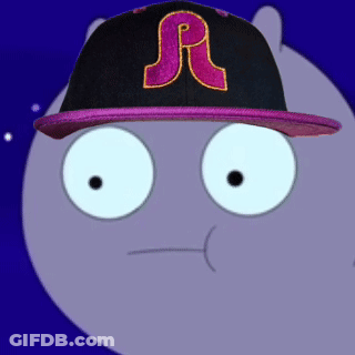A Cartoon Character Is Wearing A Black Hat With A Pink Letter R On It GIF