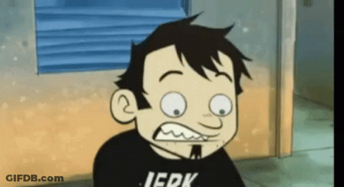 A Cartoon Character Is Wearing A Black Shirt That Says Jerk GIF