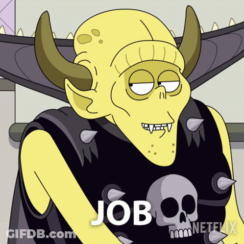 Cartoon Character In Black Vest With Skull And Job GIF