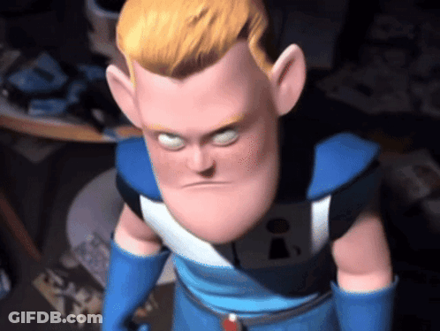 A Cartoon Character Is Wearing A Blue Outfit And Gloves With The Letter I On His Chest GIF