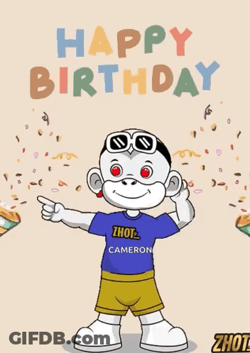 A Cartoon Character Is Wearing A Blue Shirt That Says Zhot Cameron GIF