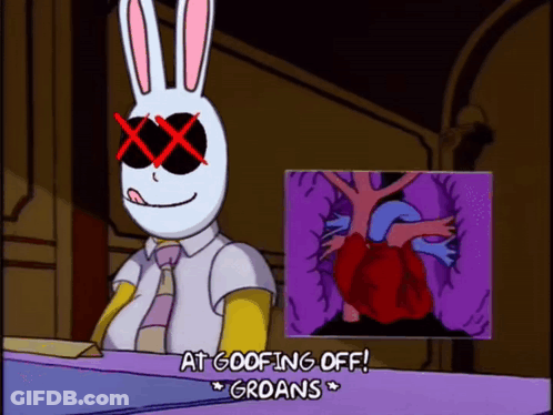 A Cartoon Character Is Wearing A Bunny Mask And Says " At Goofing Off Groans " GIF