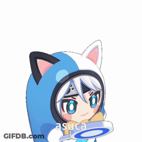 A Cartoon Character Is Wearing A Cat Costume And The Word Asuca Is On The Bottom GIF