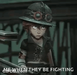 A Cartoon Character Is Wearing A Hard Hat And Goggles And Says Me When They Be Fighting . GIF
