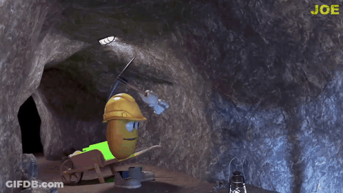 A Cartoon Character Is Wearing A Hard Hat And Holding A Pickaxe And The Word Joe Is On The Bottom GIF