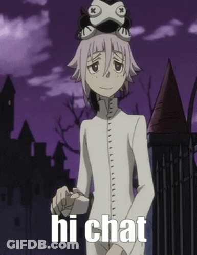 A Cartoon Character Is Wearing A Hat That Says Hi Chat On It GIF