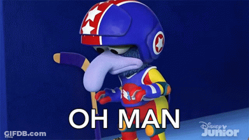 A Cartoon Character Is Wearing A Helmet And Holding A Hockey Stick With The Words Oh Man Written On The Bottom GIF