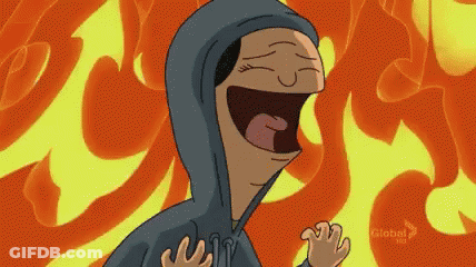 A Cartoon Character Is Wearing A Hoodie And Laughing In Front Of A Fire Background . GIF