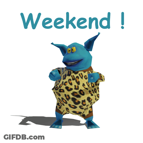 A Cartoon Character Is Wearing A Leopard Print Shirt With The Words Weekend Written Above Him GIF