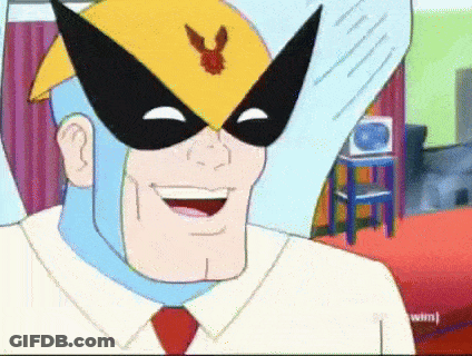 A Cartoon Character Is Wearing A Mask With A Rabbit On It And Smiling . GIF