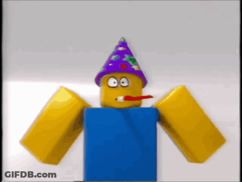 A Cartoon Character Is Wearing A Party Hat And Holding A Red Balloon In His Mouth GIF