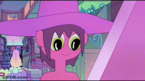 A Cartoon Character Is Wearing A Purple Hat And Has Green Eyes GIF