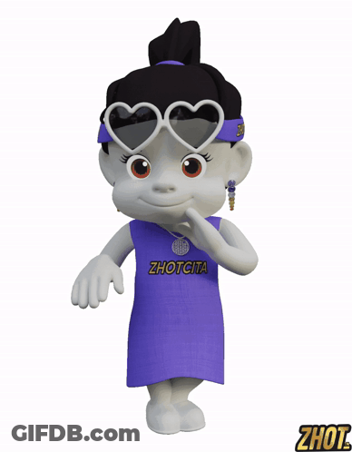 A Cartoon Character Is Wearing A Purple Shirt That Says ' Zhotcita ' On It GIF