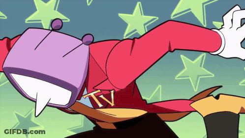 A Cartoon Character Is Wearing A Red Jacket And A Purple Hat With The Word Tv On It GIF