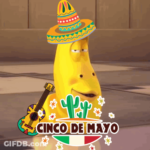 A Cartoon Character Is Wearing A Sombrero And Holding A Guitar With The Words Cinco De Mayo Below It GIF