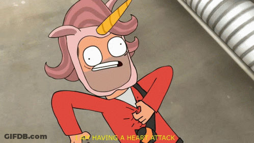 A Cartoon Character Is Wearing A Unicorn Mask And Says He Is Having A Hear Attack GIF