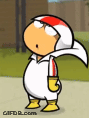 A Cartoon Character Is Wearing A White And Red Helmet And Yellow Boots . GIF