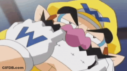 A Cartoon Character Is Wearing A Yellow Hat And A White Glove With The Letter W On It GIF