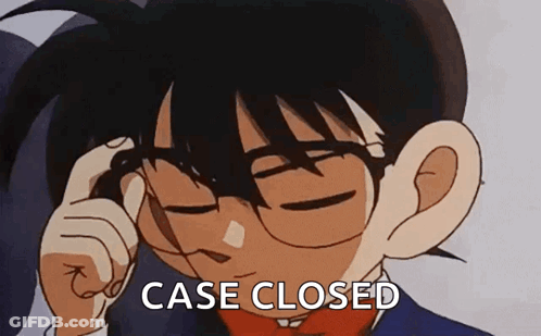 A Cartoon Character Is Wearing Glasses And Has The Word Case Closed Written On His Forehead . GIF