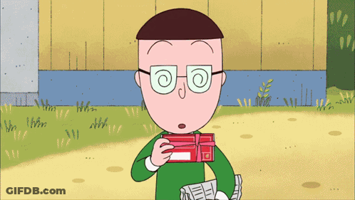 A Cartoon Character Is Wearing Glasses And Holding A Red Box With The Letter O On It GIF