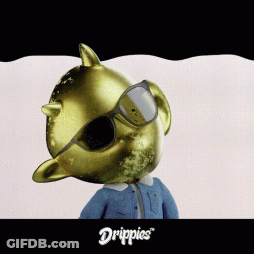 A Cartoon Character Is Wearing Sunglasses And A Denim Jacket With The Word Drippies On The Bottom GIF