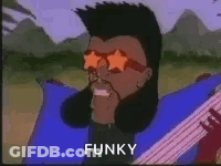 A Cartoon Character Is Wearing Sunglasses And Holding A Guitar And Says Funky . GIF