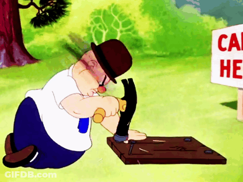 A Cartoon Character Is Working On A Piece Of Wood In Front Of A Sign That Says " Camp He " GIF