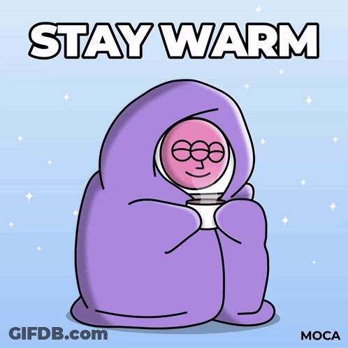 A Cartoon Character Is Wrapped In A Purple Blanket And Holding A Cup Of Hot Chocolate GIF