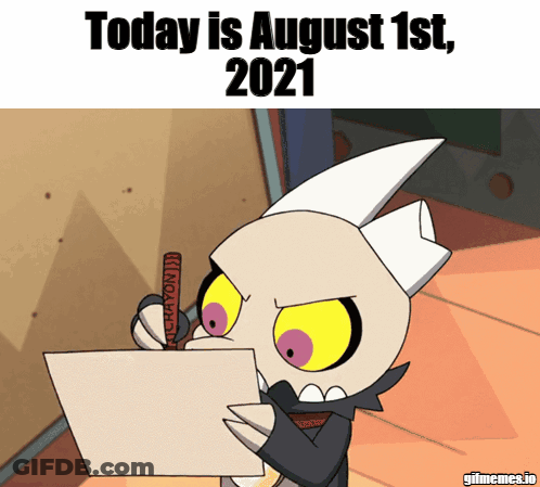 A Cartoon Character Is Writing On A Piece Of Paper That Says Today Is August 1St GIF