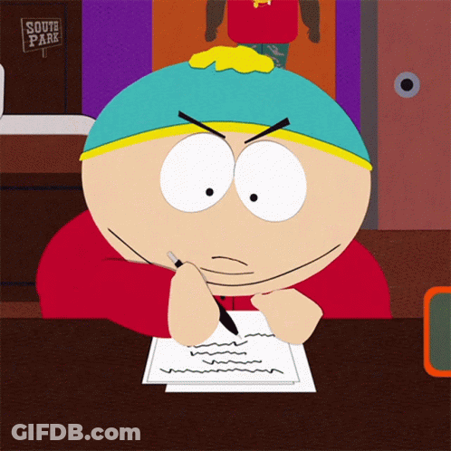 A Cartoon Character Is Writing On A Piece Of Paper With A South Park Sign In The Background GIF