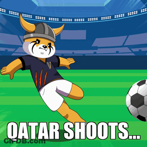 A Cartoon Character Kicking A Soccer Ball With The Words Qatar Shoots Below Him GIF