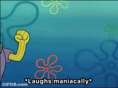 A Cartoon Character Laughs Maniacally In Front Of A Spongebob Background GIF