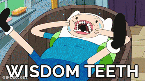 A Cartoon Character Laying In A Barrel With The Words " Wisdom Teeth " Written Below Him GIF