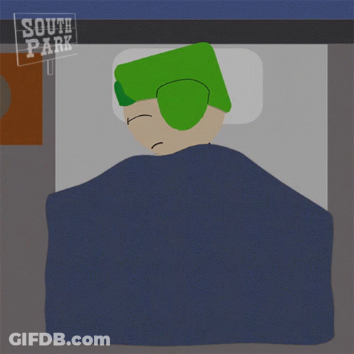 A Cartoon Character Laying In Bed With A Sign That Says South Park GIF