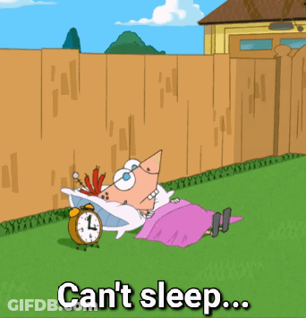 A Cartoon Character Laying In Bed With An Alarm Clock And The Words " Can 'T Sleep " On The Bottom GIF